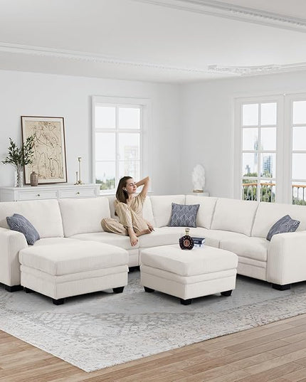 Legend Vansen Oversized Modular Sectional Sofa,8 Seat U Shaped Couch with Ottoman,Corduroy Sofa with Deep Seat,Convertible Large Sectional Couches for Living Room(Cream, U-8)