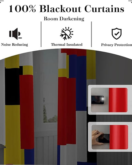Colorful 100% Blackout Curtains for Bedroom 63 inch Long 2 Panels Set Red Yellow Modern Abstract Geometric Black Out Curtains Insulated Room Darkening Window Drapes for Living Room, 52Wx63L