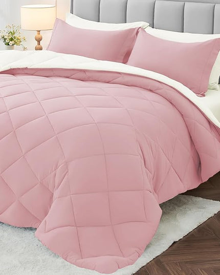 MUXHOMO 7 Pieces King Comforter Set, Reversible Bed in a Bag King Size, All Season Bedding Set with Comforter, Flat Sheet, Fitted Sheet, Pillowcases & Shams, Light Pink & Ivory