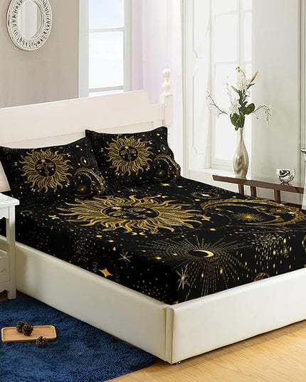 AILONEN Sun and Moon Fitted Sheet Queen Size, Boho Hippie Style Bedding Sheet,Starry Night with Astrology Pattern Sheet Set for Boys Girls,1 Fitted Sheet 2 Pillowcases,3 PCS,Perfect for Adult Rooms