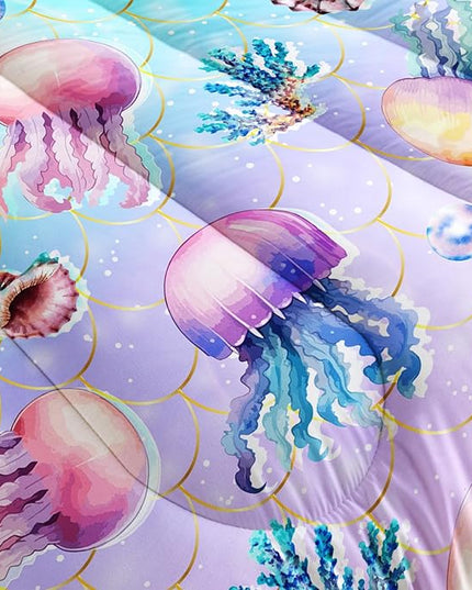 Cute Ocean Comforter Set Kids Bedding Full Size,Color Jellyfish Conch Sea Star Print Comforter for Teens Boys Girls Room Decor,Kawaii Beach Bedding Set with 2 Pillowcases.