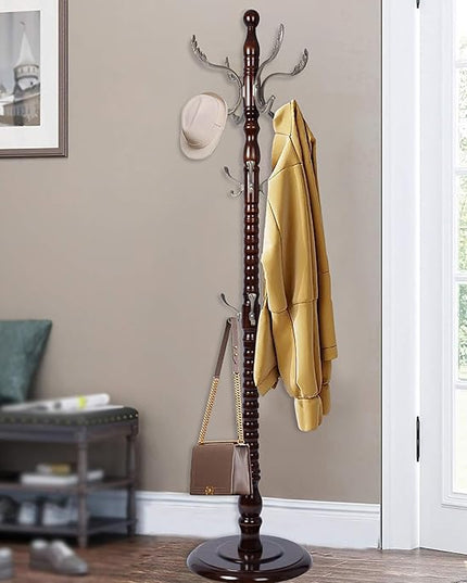 73" Wooden Coat Rack Stand,Coat Racks Freestanding With 14 Hooks And Solid Round Base Heavy Duty Adjustable Height Hall Tree Coat Rack for Entryway Hallway Foyer Office Bedroomf (Mahogany metal)