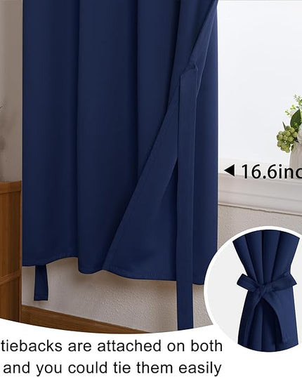 JIUZHEN Short Curtains Kitchen Half Window Blackout Curtains with Tiebacks for Baseroom Shadows, Grommet Curtains for Living Room, Set of 2 Window Curtain Panels, 52 x 30 Inch Length，Navy Blue