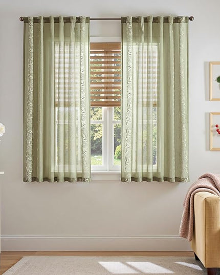 jinchan Winslow Sheer Curtains 63 Inch Length for Dorm Bedroom Bordered Floral Pattern Decorations Short Curtains Light Filtering Window Treatments, 50W x 63L, Ivory on Sage, 2 Panels