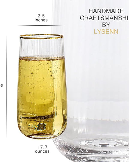 Lysenn Stemless Wine Glasses Set of 4 - Premium Hand Blown Drinking Glasses for Bubbly Wine & Champagne - Elegant Vertical Stripe and Gold Rim Champagne Flutes – Clear 17oz
