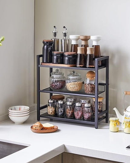 IBUYKE 3-Tier Spice Rack Industrial Counter Shelf Desktop Storage Organizer Standing Seasoning Rack for Countertop Kitchen Office Living Room Desktop Black UTLJ021B