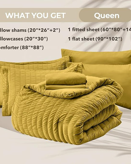 HYMOKEGE Mustard Yellow Queen Comforter Set Seersucker 7 Pieces, All Season Luxury Bed in a Bag Queen for Bedroom, Bedding Set with Comforter, Sheets, Pillowcases & Shams