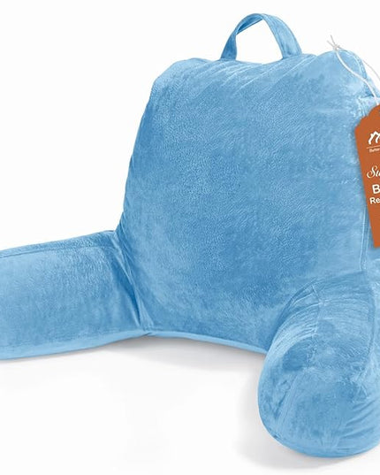 Sasttie Reading Pillow, Velvet Back Pillow for Bed Sitting Up, Adult Back-Rest Support Cushion with Arms for Sit Up on Couch, Sofa, and Floor, Dorm Essentials, Reading Accessories, Blue