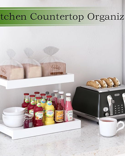 MARTY 2 Tier Spice Rack Organizer for Countertop, 15.8''L White Coffee Station/Bathroom Organizer Countertop, Counter Shelf Desktop Storage Organizer for Kitchen, Bedroom, Office