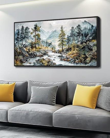 PHAOHUAXM Large Wall Art For Bedroom Wall Decor For Living Room Office Home Decoration Rivulet View Painting Forest Tree Landscape Watercolour Canvas Pictures Ready To Hang Black Framed 20x40 In