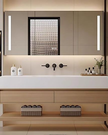 68IN Bathroom Vanity with Sink - Luxury Bathroom Cabinet | Intelligent Mirror Cabinet Including LED Light Strip & Defogging Mirror Cabinet, Large Storage Space, 2 Drawers (Original Wood Color)