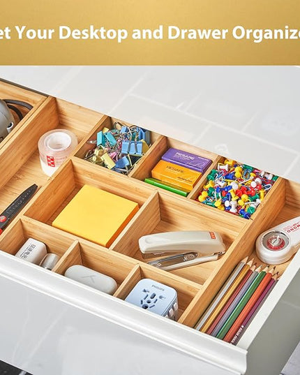 Umilife Extra Large Bamboo Desk Drawer Organizer, Wood Junk Organizer Tray with Adjustable Dividers, Anti-Skip Storage Organization in Office Bathroom Drawer for Vanity, Makeup, 17" x 12"