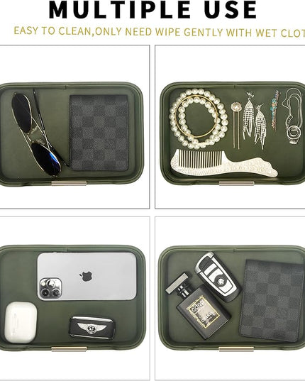 SANZIE Luxury Leather Tray Desktop Storage Catchall Organizer Decorative Tray for Entryway Table to Hold Jewelry Watch Keys Phone Wallet (Metal Glided, Dusty Green)