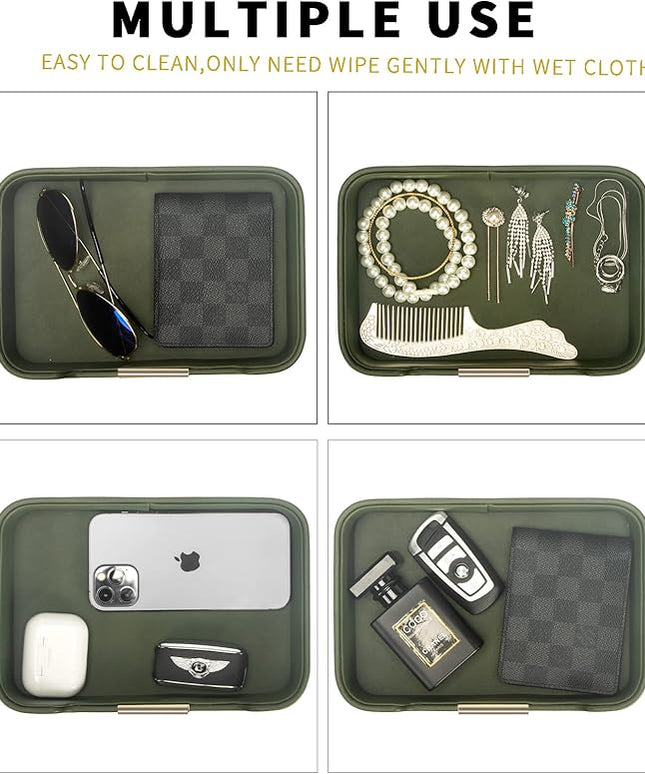 SANZIE Luxury Leather Tray Desktop Storage Catchall Organizer Decorative Tray for Entryway Table to Hold Jewelry Watch Keys Phone Wallet (Metal Glided, Dusty Green)