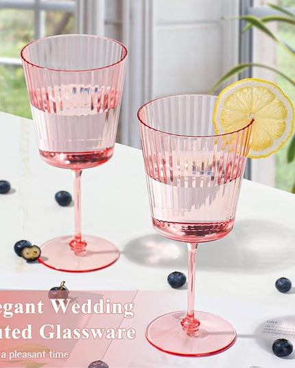 24 PCS Pink Plastic Wine Glasses with Removable Stems 13.5 OZ Ribbed Wine Glass Set Square White Wine Glasses Muted Pastel Colors Goblets Elegant Fluted Glassware for Wedding(Pink, 24 Pack)