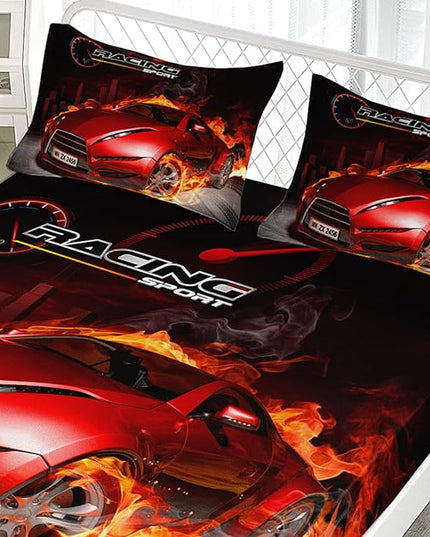 AILONEN Red Racing Car Fitted Sheet Set Twin Size, Boys Extreme Sports Sheet Set for Kids,Cool Speed Automobile Bedding Set,1 Fitted Sheet 2 Pillowcases,3-Piece,Soft Microfibre