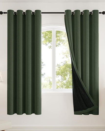 100% Blackout Curtains for Bedroom, Thermal Insulated Curtains 63 Inch Length Curtain 2 Panels, Soft Farmhouse Linen-Look Textured Full Light Blocking Room Darkening Drapes, W52xL63, Olive