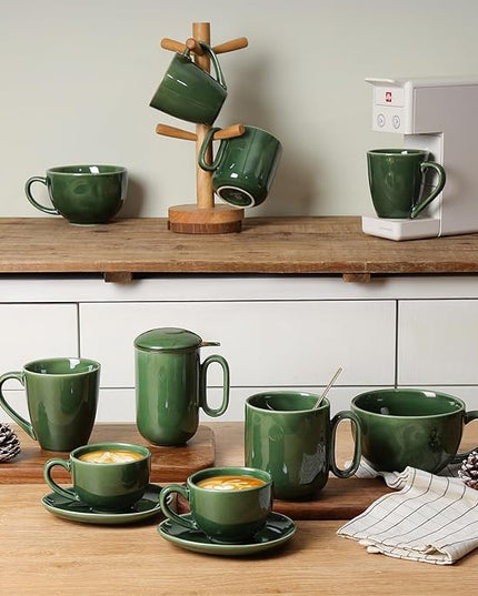 vicrays Ceramic Coffee Mug Set - 18 Ounce Large Stoneware Mug for Men Women - Unique Glazed Porcelain Mugs with Handle for Coffee Latte Tea Milk Cocoa - Set of 4 (Green)