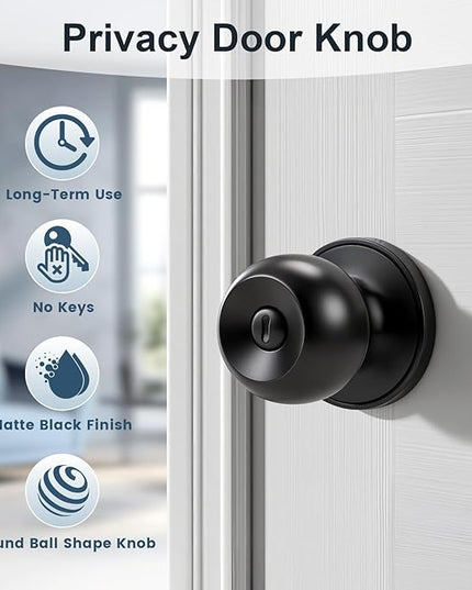 KNOBWELL 4 Pack Matte Black Privacy Door Knobs, Keyless Interior Bedroom Bathroom Door Knob with Lock
