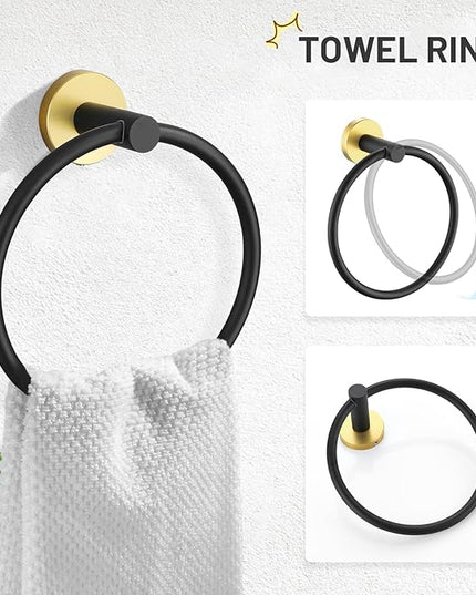 TURS Black and Gold 5 Piece Bathroom Hardware Set, SUS304 Stainless Steel Gold Black Towel Bar Set, 24 Inch Rould Bathroom Accessories Kit Wall Mounted