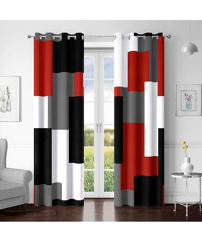 Red Black 100% Blackout Curtains for Bedroom 72 inch Length 2 Panels Set White Grey Modern Abstract Geometric Black Out Curtains Insulated Room Darkening Window Drapes for Living Room, 52Wx72L
