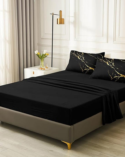 Merryword 8 Pcs Bed in a Bag Comforter Set - Queen Size Black Gold Marble Bedding Set