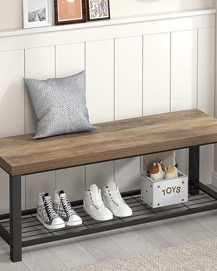 FOLUBAN Entryway Bench, Industrial Wood and Metal Storage Bench with Metal Shelf, Indoor Shoe Rack Bench Seat for Living Room, Bedroom, Hallway, Entrance, Rustic Oak, 47 Inch