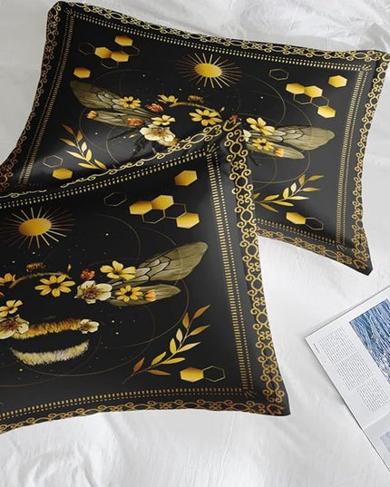 Comforter Set Twin Size, Bee Yellow Sweet 5 Pcs Bedding for Kids and Adults, Vintage Sunflower Black Bed Sheet Sets with Fitted Sheet Pillowcase & Sham for Bedroom Bed Decor