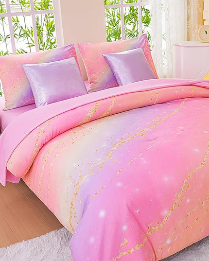 Rainbow Bedding Set Full Size – 7 Piece Reversible Girls Comforter with Deep-Pocket Sheet, Gradient Galaxy Design, Whole-Piece Filling, Machine Washable Bed-in-a-Bag for Kids Room Makeover & Gifts
