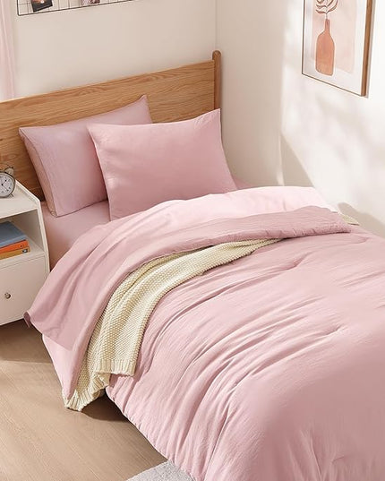 WRENSONGE Twin Comforter Set- 5 Pieces Soft Pink Twin Bed in a Bag, All Season Twin XL Bedding Sets with 1 Fitted Sheet, 1 Flat Sheet, 1 Pillow Sham and 1 Pillowcase