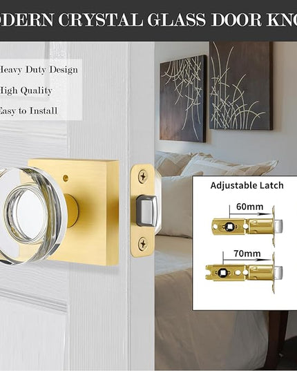 Glass Door Knobs Interior, Privacy Gold Door Knob with Lock, Round Modern Crystal Door Knobs for Bedroom Bathroom, Satin Brass