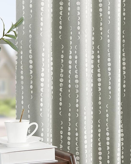 jinchan 95% Blackout Bohemian Moon Phase Print Bedroom Curtains 96 Inch Long Grey Curtain Pole Mouth Rear Label Thermal Insulated for Nursery Grey Curtain Set 2 Panels