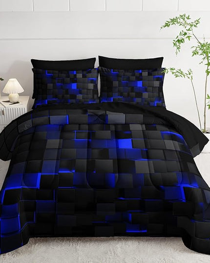 Geometric Blue Black King Comforter Set,Light Honeycomb Bedding Set 7 Piece in A Bag,Bed Sheet Set Geometry Decor,Microfiber Lightweight All Season