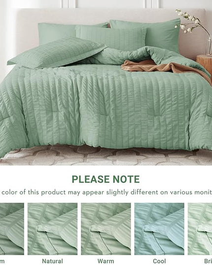 MUXHOMO 5 Pieces Twin Comforter Set, Seersucker Bed in a Bag Twin Size, All Season Luxury Bedding Set with Comforter, Flat Sheet, Fitted Sheet, Pillowcase & Sham, Sage Green