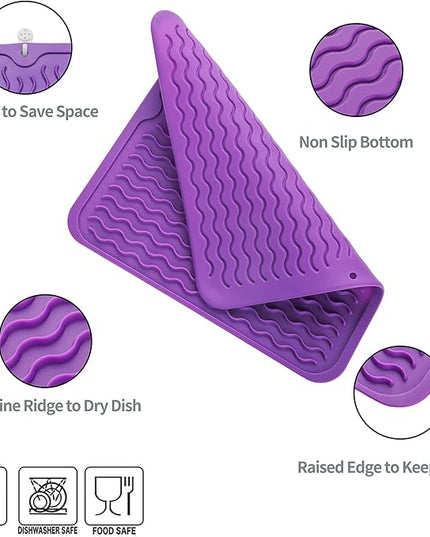 Silicone Dish Drying Mat for Multiple Usage,Easy clean,Eco-friendly,Heat-resistant Silicone Mat for Kitchen Counter or Sink,Refrigerator or Drawer liner Purple M 12 inches x 12 inches