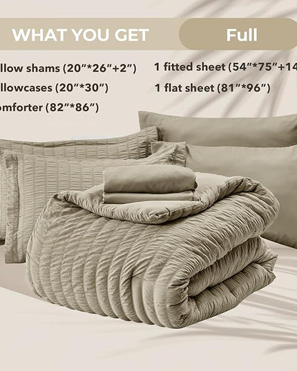 HYMOKEGE Linen Full Size Comforter Sets Seersucker 7 Pieces, All Season Luxury Bed in a Bag for Bedroom, Bedding Set with Comforter, Sheets, Pillowcases & Shams