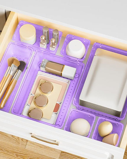 15 PCS Clear Plastic Drawer Organizer Set, 4-Size Acrylic Drawer Storage Trays, Storage Bins for Makeup, Gadgets, and Jewelry in Bathroom, Bedroom and Office, Clear Purple