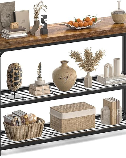 47" Console Table with Storage, 3-Tier Narrow Entryway Table, Sofa Table with Mesh Shelves, Console Tables for Living Room, Bedroom, Hallway, Entryway, Foyer, Rustic Brown