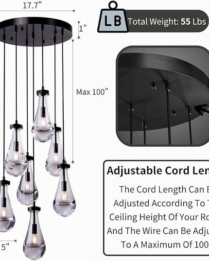 Modern 7-Light Raindrop Chandelier, Bronze Finish Teardrop Cluster Pendant Light for Kitchen Island, Dining Room Over Table Adjustable Hanging Fixture for High Ceilings, Entryway & Staircase