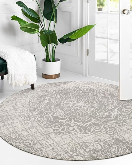 Lahome Medallion Round Rug - 5ft Machine Washable Round Bedroom Rugs Grey Non-Slip Throw Round Rugs for Living Room Vintage Distressed Circle Dinning Room Rug Large Round Carpet for Kitchen Office