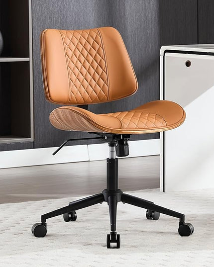 Home Office Chair No Arms with Wheels, Adjustable Height PU Leather Mid Back, 360 Swivel Computer Small Desk Chair, Armless Modern Walnut Style for Office, Reading Meeting Room(Brown)