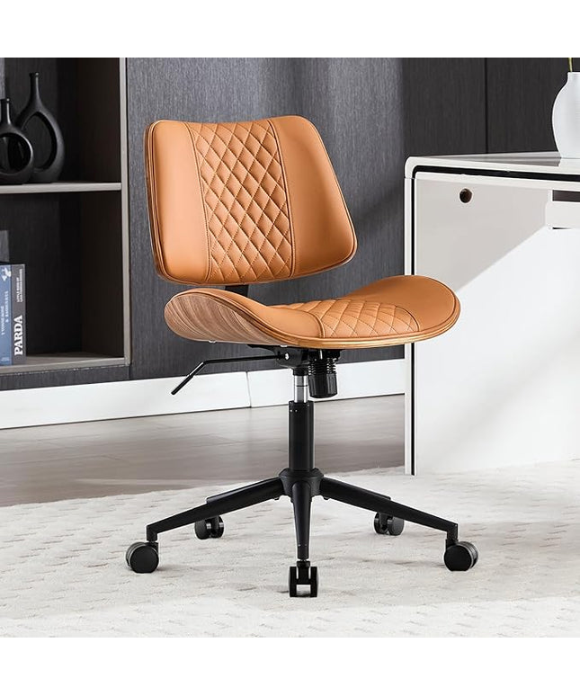 Home Office Chair No Arms with Wheels, Adjustable Height PU Leather Mid Back, 360 Swivel Computer Small Desk Chair, Armless Modern Walnut Style for Office, Reading Meeting Room(Brown)
