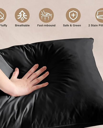 BHZ Black Satin Goose Down Feather Pillows King Size Set of 2 with Black Satin Pillowcase for Hair and Skin, Cooling Pillow Cases Similar to Silk Pillow Cases, Decor for Women, Mom