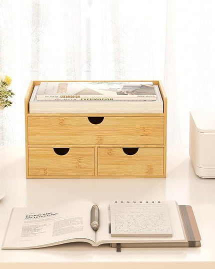 Wisuce Bamboo Desk Organizer - Mini Bamboo Desk Drawer Tabletop Cosmetic Storage Organization for Office or Home (Nature 3 Drawers)