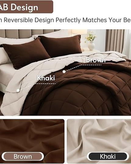 MUXHOMO 7 Pieces King Comforter Set, Reversible Bed in a Bag King Size, All Season Bedding Set with Comforter, Flat Sheet, Fitted Sheet, Pillowcases & Shams, Brown & Khaki