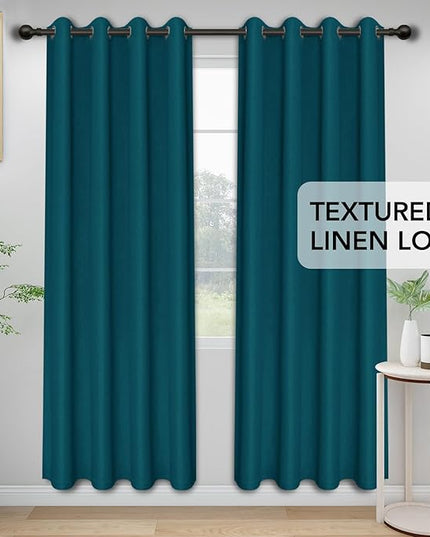 Easy-Going Linen Look Blackout Curtain 108 Inch Length Grommet Window Curtain for Bedroom, Living Room Thermal Insulated Room Darkening (Set of 2 Panels, Peacock Blue)