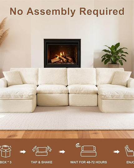 138” Modular Sectional Sofa Couches U Shaped Couch 4 Seater Cloud Sofa Memory Foam Sectional Couches for Living Room, Boneless Couch with Ottoman, Corduroy, Beige
