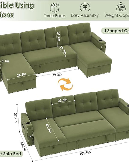 HIFIT 106" Sectional Couches for Living Room- Pull Out Sleeper Sofa Couch w/Storage Chaise,Storage Armrest,LED Light&USB Port&Cupholder,Modern Velvet U Shaped Home Sofa Living Room Furniture Set,Green