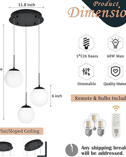 KoKo&Yukina 3 Light Globe Glass Pendant Light Modern Black Globe Chandelier Adjustable Length Pendant Light Fixtures Milky White Glass Ceiling Light for Foyer Hallway