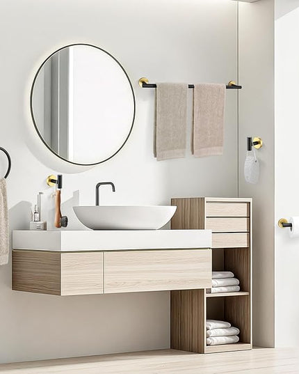 TURS Black and Gold 5 Piece Bathroom Hardware Set, SUS304 Stainless Steel Gold Black Towel Bar Set, 24 Inch Rould Bathroom Accessories Kit Wall Mounted